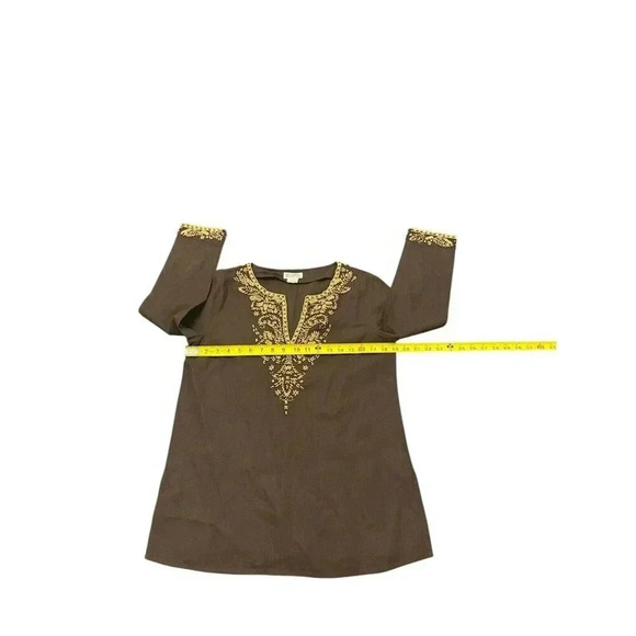 Michael Kors Large Tunic Top Blouse Brown Linen Wooden Beaded Embroidered Size M - Picture 3 of 8